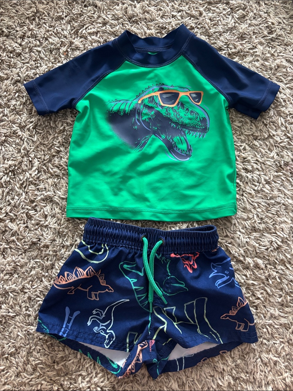 Carter's Green & Navy Dinosaur Two-Piece Rash Guard Swim Set Size 9m